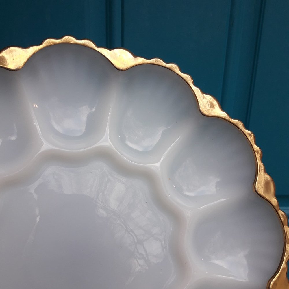 Milk Glass Bowl Egg Dish Set Gold Rimmed Vintage Fire King White Anchor Hocking - Picture 7 of 16